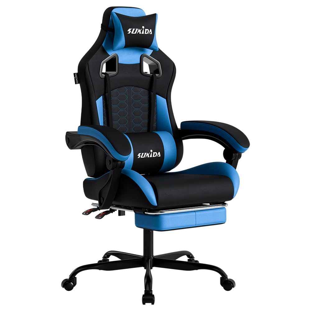 SUKIDA Ergonomischer Gaming-Stuhl mit Fußstütze, Racing Gaming Chair Kopfstütze, Gaming Stuhl Verstellbarer, Computerstuhl Höhenverstellbar Lendenwirbelstütze für Homeoffice und Gaming Blau