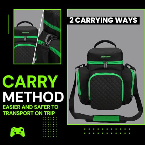 Image of CROTIRAD Carrying Case Compatible with Xbox Series X, Travel Bag with Multiple Storage Pockets for Xbox Controllers, Headset, Game Discs, Cables and Other Accessories, Green Zip