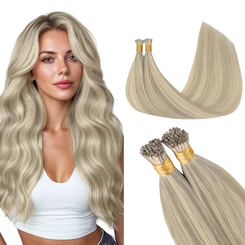 GOO GOO I Tip Hair Extensions Real Human Hair, 16inch 100g 200S, Cold Fusion I Tip Hair Extensions, Invisible Remy Hair Extensions, 17A/60A Ash Blonde Highlighted Platinum Blonde