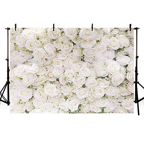 MEHOFOND 2,4 x 1,8 m Valentinstag weiße Rose Blume Wand Fotografie Hintergrund Brautdusche Hochzeit Party Vorhang Zeremonie Porträt Hintergrund für Fotostudio Fotoshooting Requisiten Cover