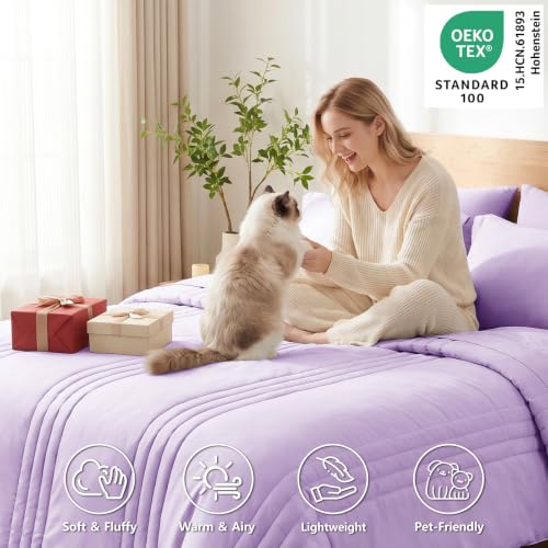 Image of CozyLux King Size Comforter Set Lavender - 7 Pieces Bed in a Bag, Modern Vertical Quilted Room Decor, Soft All-Season Bedding Gift with Comforter, Sheets, Pillowcases & Shams