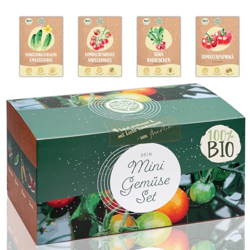 Bio Mini Gemüse Anzuchtset - 4 Sorten Bio Balkon Gemüse Samen. Perfektes Gemüseset für Topf, Fensterbank und Balkon. Perfekt für Kinder und Familie