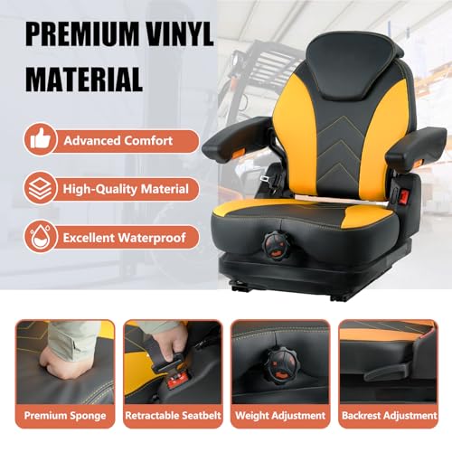 Image of Tractor Suspension Seat, Highback Low Suspension Mower Seat, Adjustable Backrest and Slide Rails, Armrests Shock Absorber Heavy Duty Seat for Toro Forklift Mower Excavator Harvester
