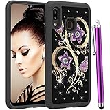CAIYUNL for Galaxy A30 Case,Galaxy A20 Case, Bling Glitter Studded Rhinestone Hybrid Protective Phone Hard Cover Shockproof Heavy Duty Women Girls Men for Samsung Galaxy A30 / A20-Black Purple Flower