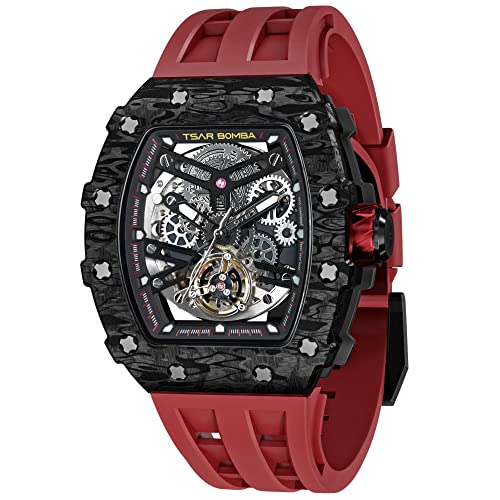 Image of TSAR BOMBA Automatic Watches for Men,50M Waterproof Men's Watch,Luxury Mechanical Skeleton Analog Watch,Silicone Watch Bands Carbon Fiber Case Black Watch,Gifts for Men Business Casual