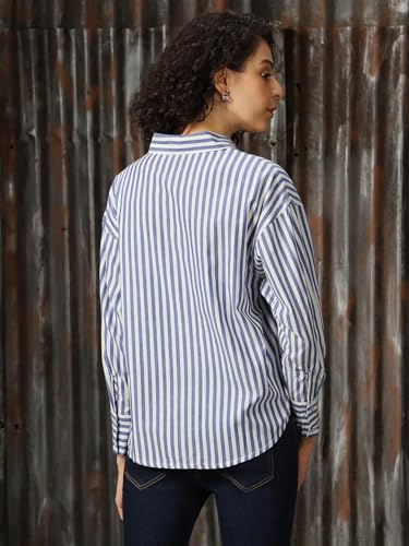 Image of High Star Women Cotton Striped Oversized Fit Collar Full Sleeves Shirts