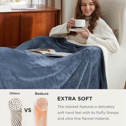 Image of Bedsure GentleSoft Sherpa Fleece Cal King Blankets for Bed, Non-Heated, Thick and Warm Oversized Throw for Women and Men, Soft Fuzzy Plush Large Blanket for Winter, Slate Blue, 112x98 Inches