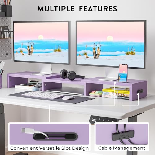 Image of BONTEC Dual Monitor Stand Riser with Smartphone Holder, Adjustable Length & Swivel Angle, Ergonomic Wooden Desktop Organizer for PC Monitor, Laptop, Printer, Large Storage, 42.5 in, Purple