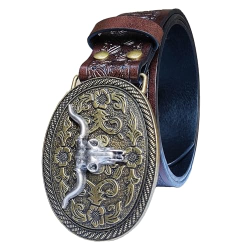 Western Cowboy-Belts for Women Men, Country-Cowigirl-Belt with Longhorn Buckle for Jeans Embossed Floral Leather3
