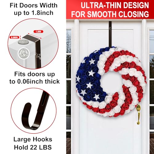 Image of 2-Pack Wreath Hooks for Front Door, 12.5-20 inch Extendable Heavy Duty Metal Over The Door Hooks (22 lbs) for Spring Decor & Coats, Slim Damage-Free Hanger for Tall & Screen Doors, Brushed Nickel