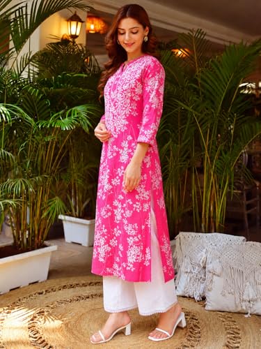 Image of GoSriKi Cotton Blend Embroidered Straight Kurta for Women | Cotton Blend Pink | 3 /4 Sleeve | Round Neck V-Slit | Ethnic Wear Casual Wear