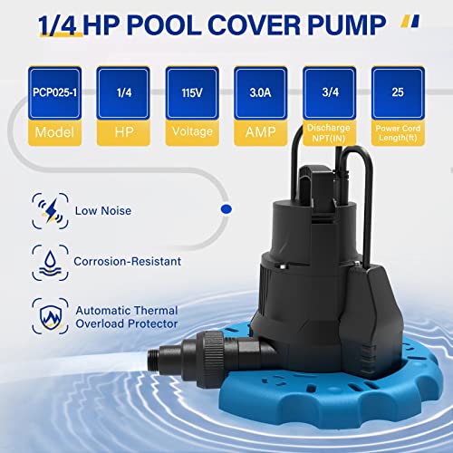 Acquaer 1/4 HP Automatic Swimming Pool Cover Pump, 115 V Submersible with 3/4” Check Valve Adapter & 25ft Power Cord, 2250 GPH Water Removal for Pool, Hot Tubs, Rooftops, Water Beds and more