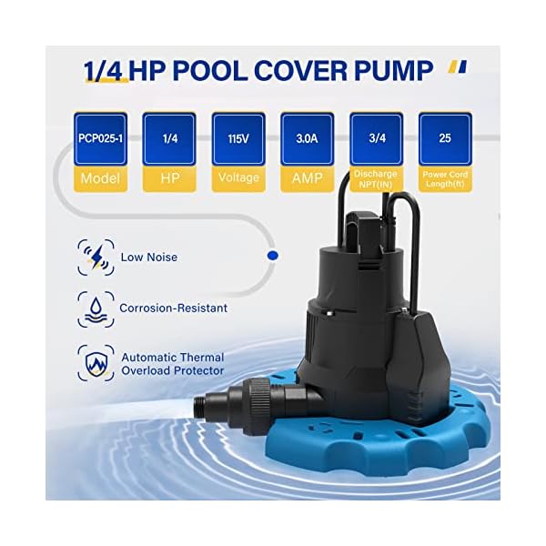 Acquaer 14 hp automatic swimming pool cover pump 115 v submersible with 34 check valve adapter 25ft power cord 2250 gph water removal for pool hot tubs rooftops water beds and more  urban country home decor