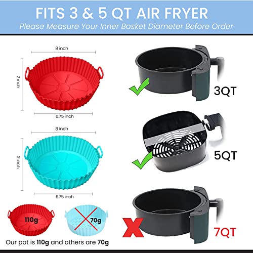Air Fryer Silicone Liners Pot for 3 to 5 QT, 2 Pack 8.1-inch, Replacement of Flammable Parchment Paper Liners, Food Grade Reusable Baking Tray, Non-Stick, Heat-proof Gloves, Red+Blue (Nola Hut)