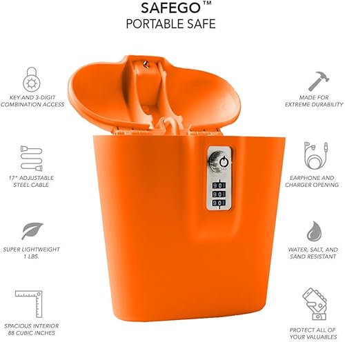 Miniatura 3 de SAFEGO Caja fuerte portátil para interiorexterior con llave y combinación de acceso (naranja)