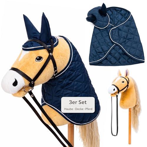 Hoofly Hobby Horse Set – Caballo grande para niños con manta y capucha | Juego completo de caballos Hobby Horsing con brida y varilla de tornillo de 35 cm | Caballo beige – Accesorios azules