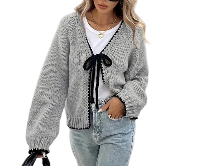 Gilet Cardigan Femme À Nouer sur Le Devant Col en V Grosse Maille Manches Longues Veste Légère en Maille Gilet Cardigan Ample et Décontracté Veste De Mi Saison Idéale pour Le Bureau et Le Quot