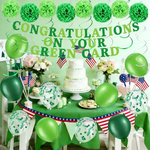 Jaloro 51 Pcs Green Card Party Decorations Congratulations on Your Green Card Supplies 8 Tissue Pom Poms 30 Balloons 1 Banner 12 Spiral Hangers Decor for Celebration Gifts - Thumbnail 6