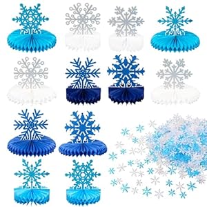 Frozen Winter Wonderland Party Decorations – 12pcs Blue White Snowflake Honeycomb Table Centerpieces and 600pcs Snowflake Confetti for Christmas Holiday Winter Birthday Baby Shower Party Supplies