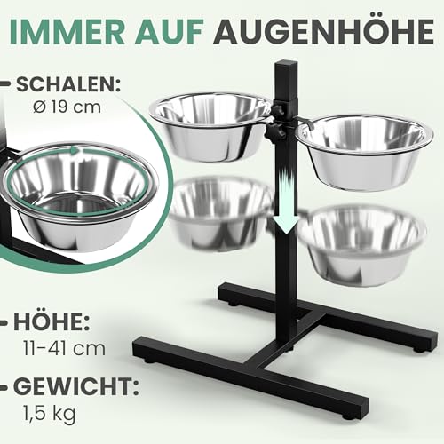Oramics Hundebar Fressnapf Höhenverstellbar deluxe für Welpen und große Hunde mit zwei Edelstahl-Näpfen als Futternapf und Wasser-Napf