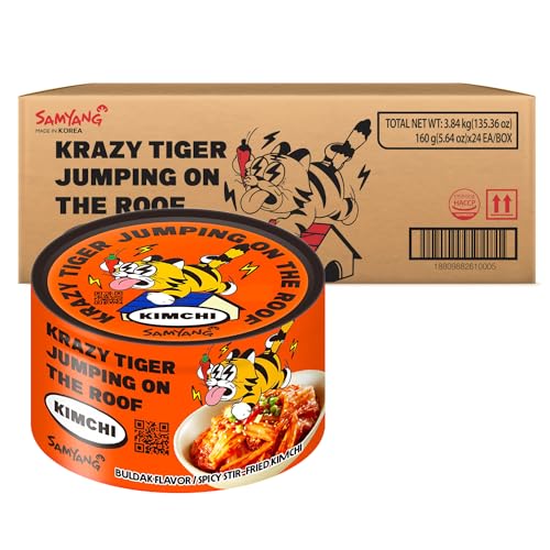 KRAZY TIGER BULDAK Spicy Stir-Fried Canned Kimchi - Korean Napa Cabbage, Extra Spicy, Perfect Ramen Topping, Kim Chi for Noodles, 5.64 oz, Pack of 24