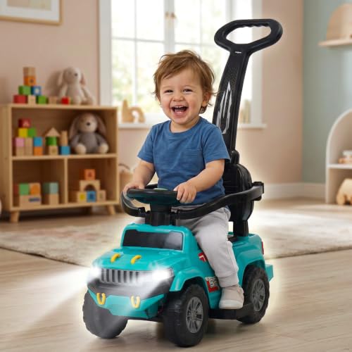 Image of Baybee Speedy Pro Baby Ride on Car for Kids with Parental Handle | Portable Kids Car with LED Lights, Music, Backrest & Basket | Toy Rideons Jeep | Toddler Push Baby Cars for 1 to 3 Years (Green)