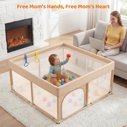 Image of Dripex Baby Playpen, 47 inchx47 inch Small Play Pen for Babies, Beige