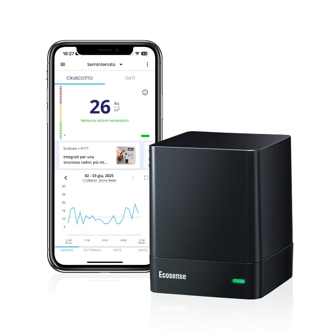 Ecosense EcoQube, Rilevatore Digitale di Radon, Rilevamento Rapido delle Variazioni, Monitoraggio Continuo Termine con Grafici di Tendenza, Accesso Remoto ai Dati, Wi-Fi 2,4 GHz Solo Reti.