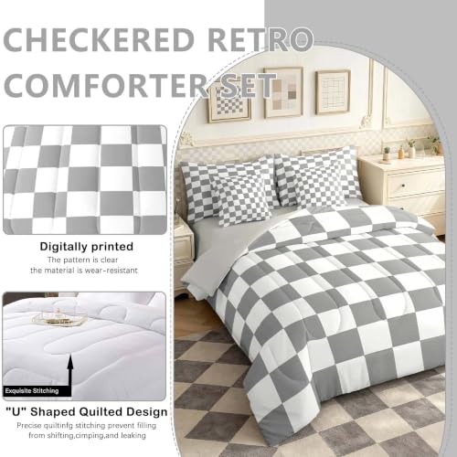 Image of Checkered Retro Comforter Set Full Size 7 Pieces Grey Plaid Bedding Set for Kids Boys Girls Geometric Vintage Bed in a Bag Modern Simple Groovy Aesthetic Bedroom Decor All Season Quilted Lightweight