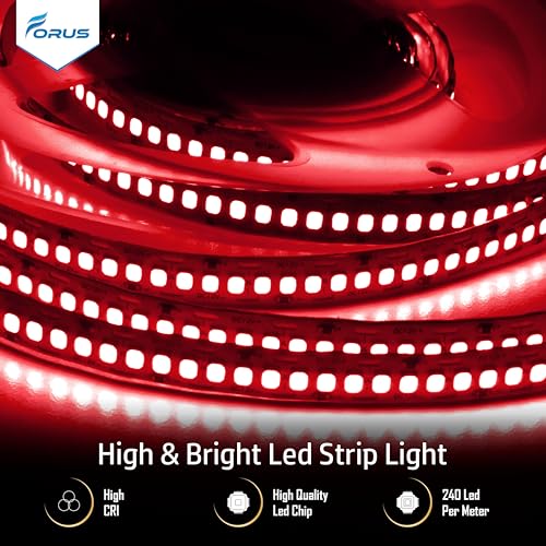 Image of Forus 5 Meter (5M) 10MM Red LED Strip Light, 240 LEDs /M Plug & Play Flexible Lighting for Home Decor, False Ceiling, Pooja Room, Living Room, Kitchen, Mirror, Stairs, 2-Year Warranty