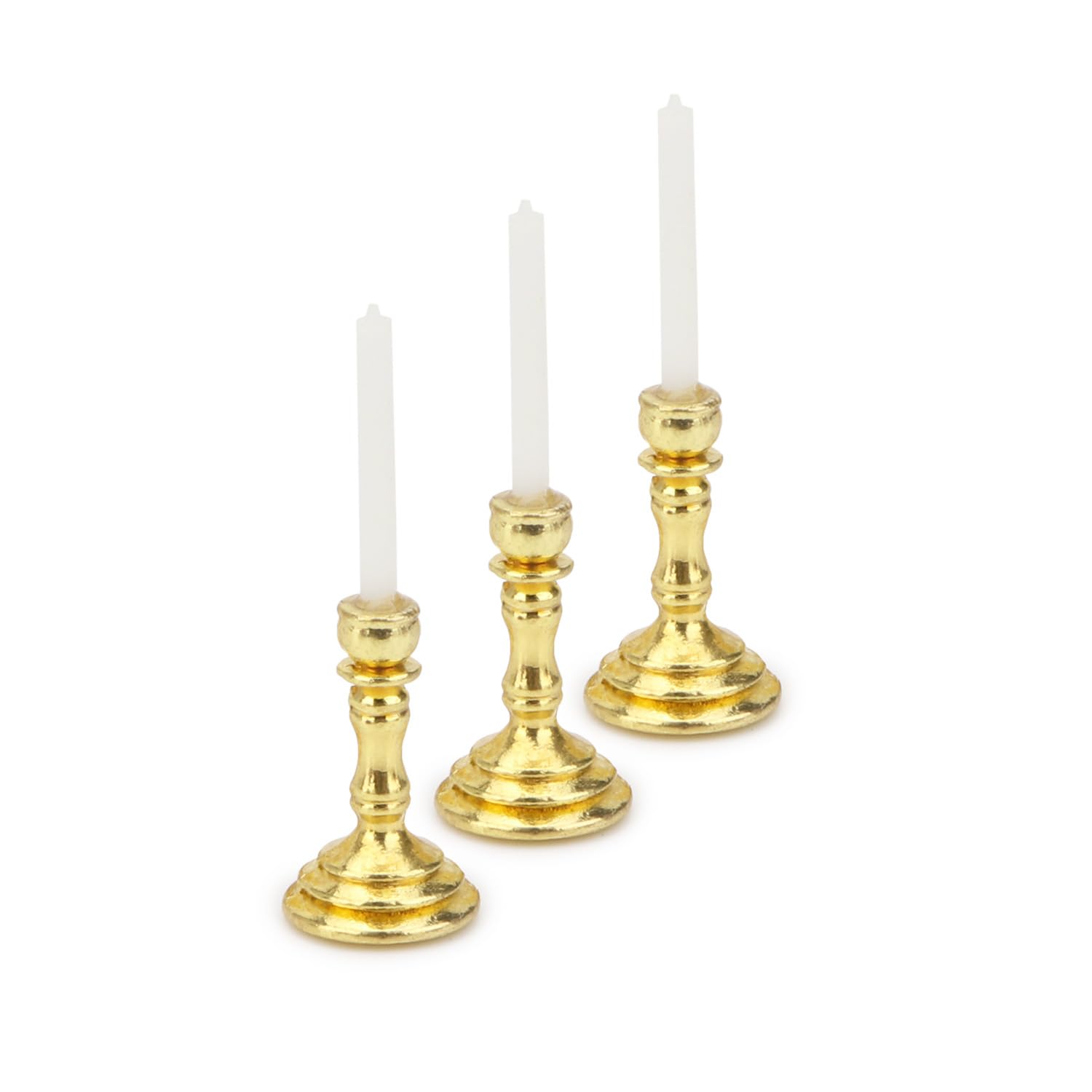 Juego de 3 candelabros en miniatura para casa de muñecas, juego de 3 portavelas a escala 1/12, velas vintage para casa de muñecas, accesorios de adorno de escritorio con base redonda de metal para 4