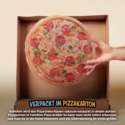United Labels Pizza Kissen rund, Kopfkissen 40 cm, Sofakissen in Pizzakarton, Dekokissen, lustiges Geschenk für Kinder und Erwachsene