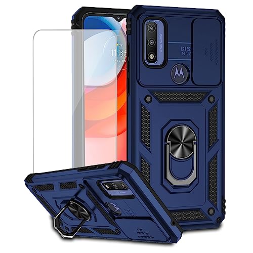 Yodueiv for Moto G Pure Case, Motorola G Pure 2021 XT2163DL Case with Tempered Glass Screen Protector and Slide Camera Cover, Magnetic Ring Car Mount Holder Cover for Motorola Moto G Pure 2021 Blue