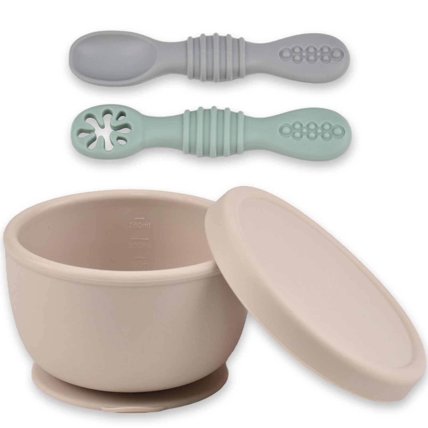 Ginbear Saug-Silikonschüssel mit Deckel 260 ml & 2 Baby-Löffeln | Ab 4 Monaten | Baby-Led-Weaning (BLW) Selbstfütter-Set, Erste Stufe | Ungiftig, Lebensmittelecht, BPA-frei (Elfenbein + Grün + Grau)