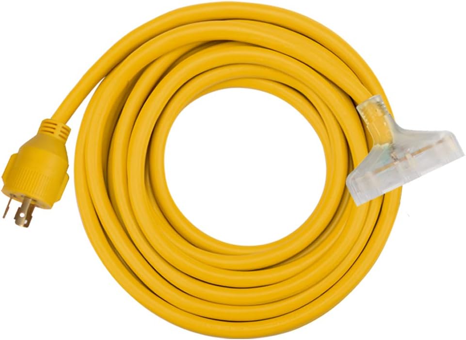 MaxWorks 80843 Generator Extension Cord, 25 Ft, 10 Gauge, L5-30P to 3x 5-15R, 30 Amp to 15 Amp Adapter, Lighted Ends, Heavy-Duty, Black/Yellow