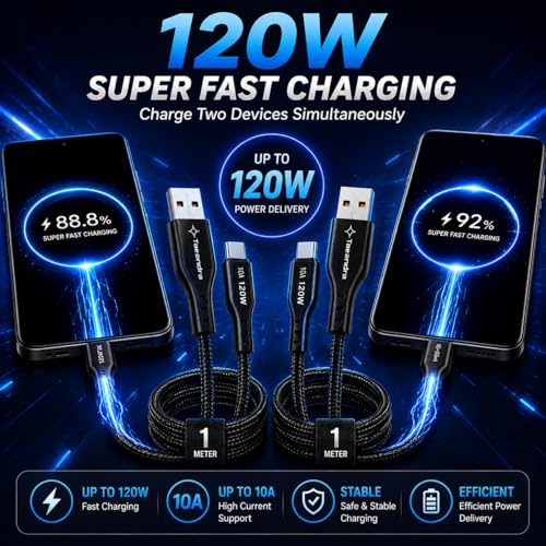 Image of (Pack of 2 120W Fast Charging USB to Type-C Cable, 1 Meter, 10A Charging & Data Sync, Nylon Braided Unbreakable Cable Compatible with OnePlus, OPPO, Realme, Samsung, Vivo, iQOO (100, 2)