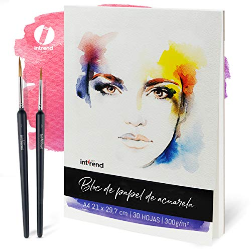 int!rend Aquarellpapier, 300 g, DIN A4, 30 Blatt, Weiß, geleimt, Aquarellblock, Watercolour Paper Pad, inklusive zwei Pinsel, Malblock Papier für Aquarell, Zeichnen, Malen