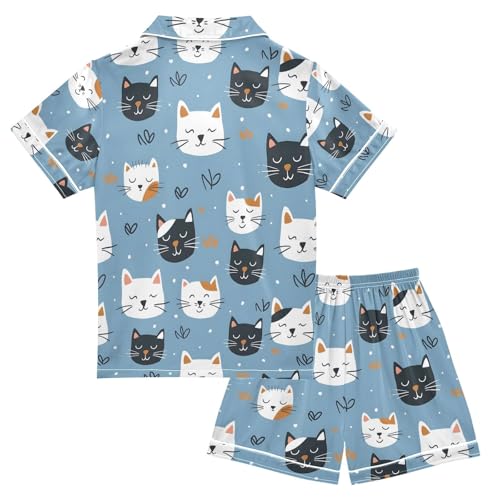 ALAZA Cat Kitten on Blue Pajamas Satin Pajama Set Short Sleeve Button Down Sleepwear2