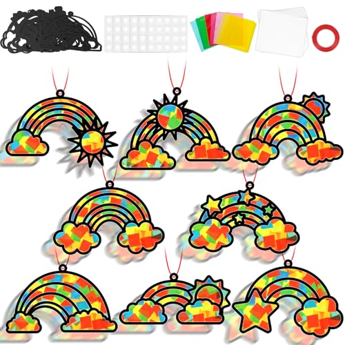 QOUBAI 32 Sets Rainbow Suncatchers Craft Kit DIY Window Stained Glass Effect Planet Rainbow Sun Paper Crafts Home School Classroom Decoration Kid Birthday Gift Creative Art Project Activity Game