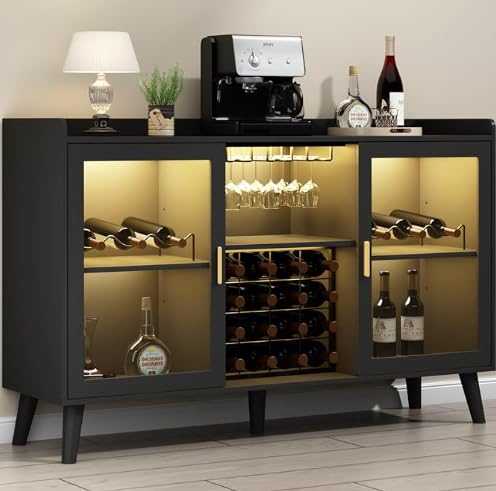 La Mejor Lista de Armarios y aparadores - los preferidos. 47 FL FASHION LEADER Armario de Bar de vinos con luz LED, gabinete de café para el hogar con Estante para Vino y Soporte para Vidrio, aparador de Cocina con Estante de...