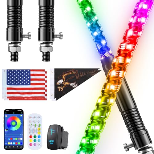 Image of Ehaho 2 PCS 5FT Whip Lights with Spring Base, APP & Remote Control Led Whip Lights for Side by Side, Spiral RGB Chasing Lighted Whips with Rocker Switch, Music Led Whips for UTV ATV RZR SXS Can-Am