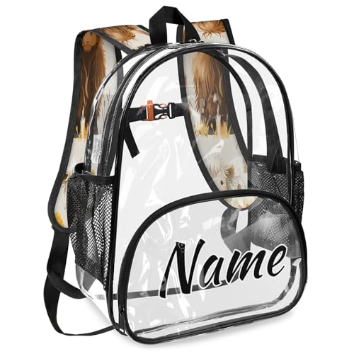 Sunflower Yak Personalized Clear Small Backpack for Stadium Events Highland Cow Custom Transparent Backpacks with Name Heavy Duty PVC Plastic See Through Clear Bag for Concerts