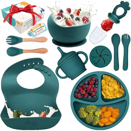 Image of Silicone Baby Feeding Set, 10 Pcs Baby Led Weaning Supplies | BPA-Free Baby Dishes with Toddler Plates and Bowls Set, Silicone Bib, Suction Cup, Baby Spoons & Forks | Empower Independence – Green