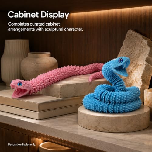 Image of 2-Pack 3D Printed Blue & Pink Viper Snake Sculptures, 23 inch Glow-in-the-Dark Articulated Reptile Display Set with Movable Jaws & Fangs, Eco PLA Desk Decor for Adult Collectors