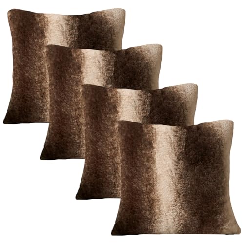 OHS Faux Fur Cushion Covers, Striped Shaggy Fluffy Cushion Covers 45 x 45 cm Textured Super Soft Fleece Chair Sofa, 18 x 18 - Pack of 4, Natural Brown