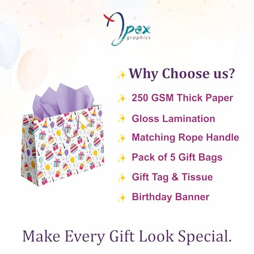 Image of Birthday Gift Bags Large - Paper Bags for Return Gifts - Pack of 5 | Large Carry Bags for Gifts | Return Gift Bags for Kids Birthday Party | Paper Bags for Gifting | 14 x 10.5 x 4 Inch | Bag with Tissue, Tag & Banner