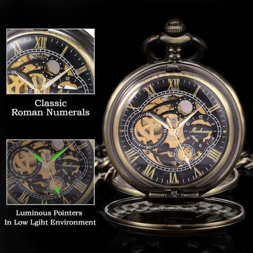 Image of SIBOSUN Pocket Watch Skeleton Mechanical Double Case Hand-Wind Bronze Roman Numerals Antique Chain Mens
