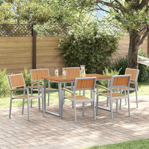 Juego de comedor de jardín de 7 piezas, madera de acacia maciza, mesa resistente a la intemperie y 6 sillas, fácil de limpiar, ideal para exteriores, patio, balcón, ahorro de espacio, estable