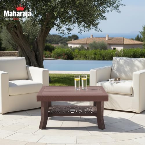 Image of Maharaja Double Top Center Table with Wooden Texture Finish | Heavy Duty Plastic Multi-Utility Table with Storage Shelf | Load Capacity up to 200 kg | for Living Room, Office & Dining Area (Brown.)