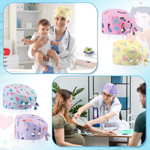Image of Unittype 4 Pcs Nurse Caps for Women Nursing Working Caps with Button and Sweatband Adjustable Elastic Scrub Hats for Dentist